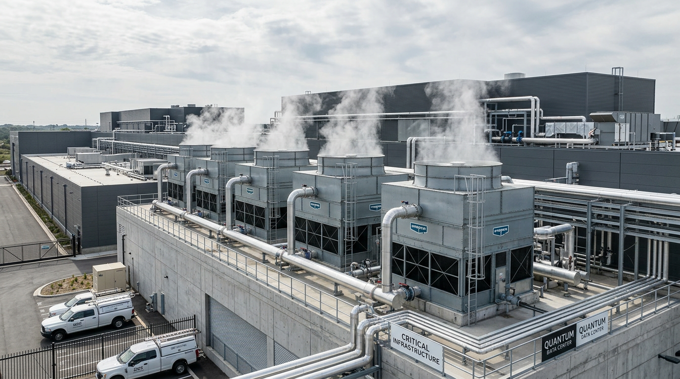 Data center cooling towers, precise composition, refined industrial aesthetic, brand-aligned
