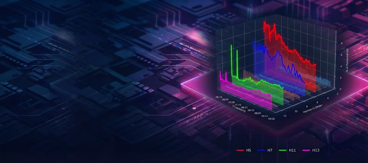 3D harmonic distortion chart showing H5, H7, H11, and H13 harmonic magnitudes trending over time across monitored rectifiers